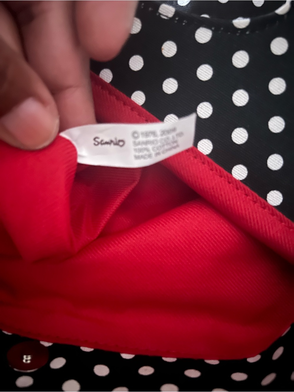Sanrio Black and White Polka Dot Bag with Bright Red Interior